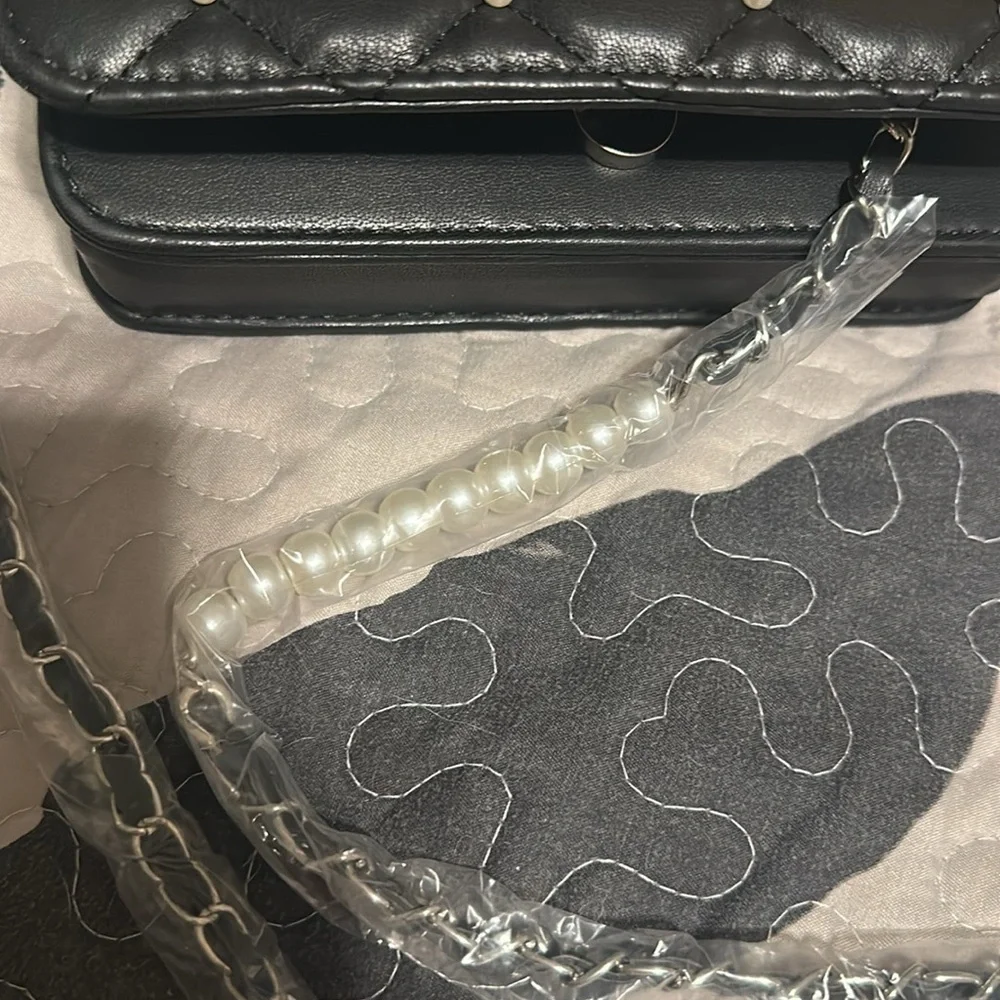 Badgley Mischka diamond quilted cross body with pearls black
